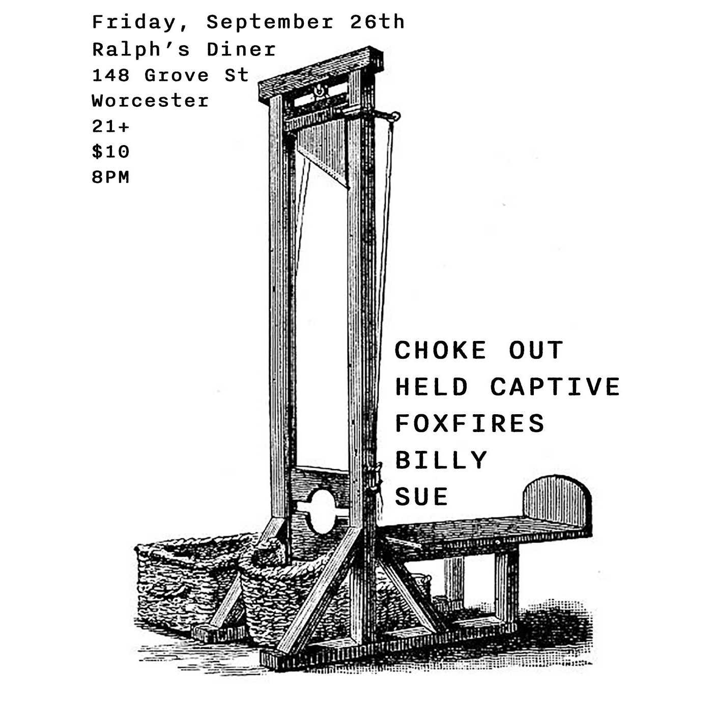 Guillotine illustration with event information on a white background
