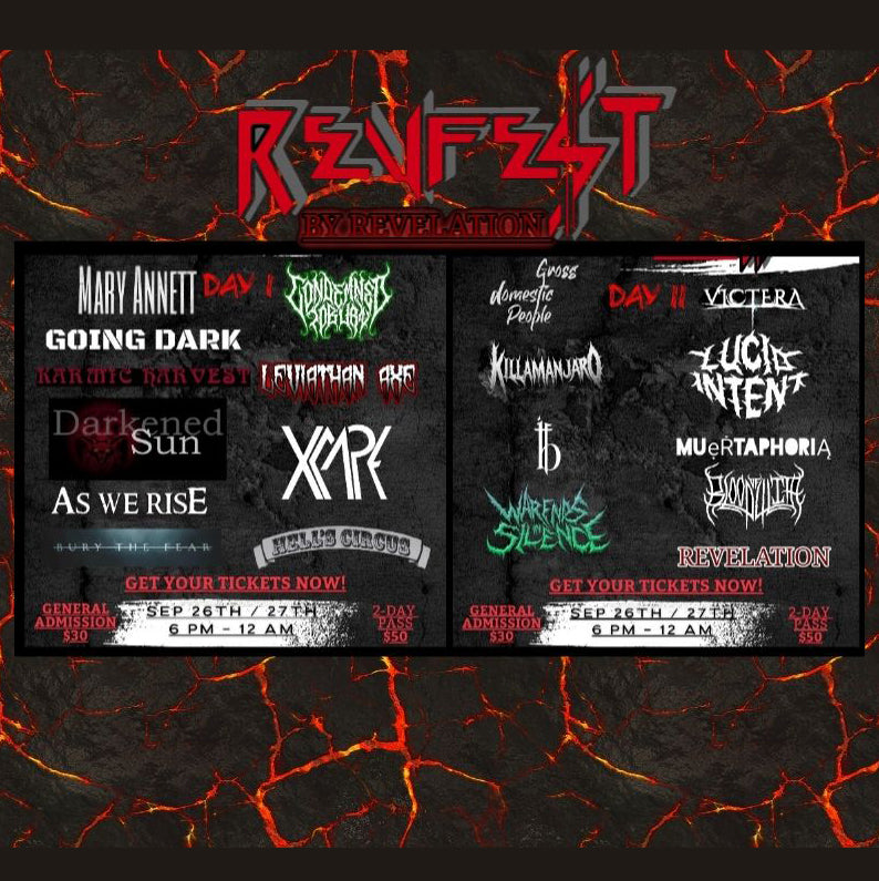 Promotional poster for a music event with band names and dates on a dark background with red accents.