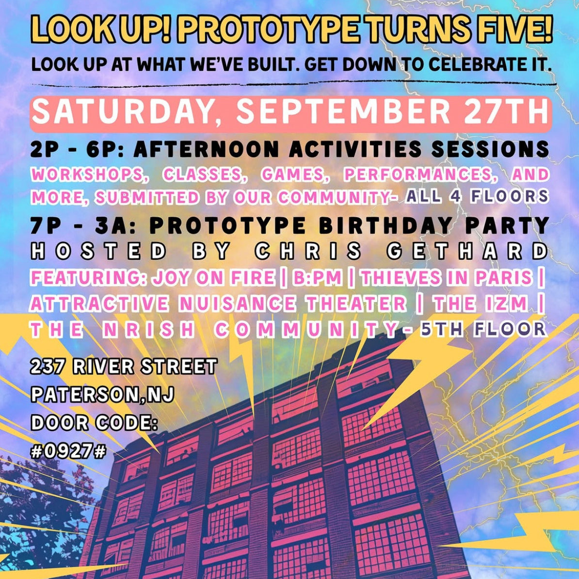 Promotional flyer for Prototype's 5th birthday event with colorful text and building illustration.
