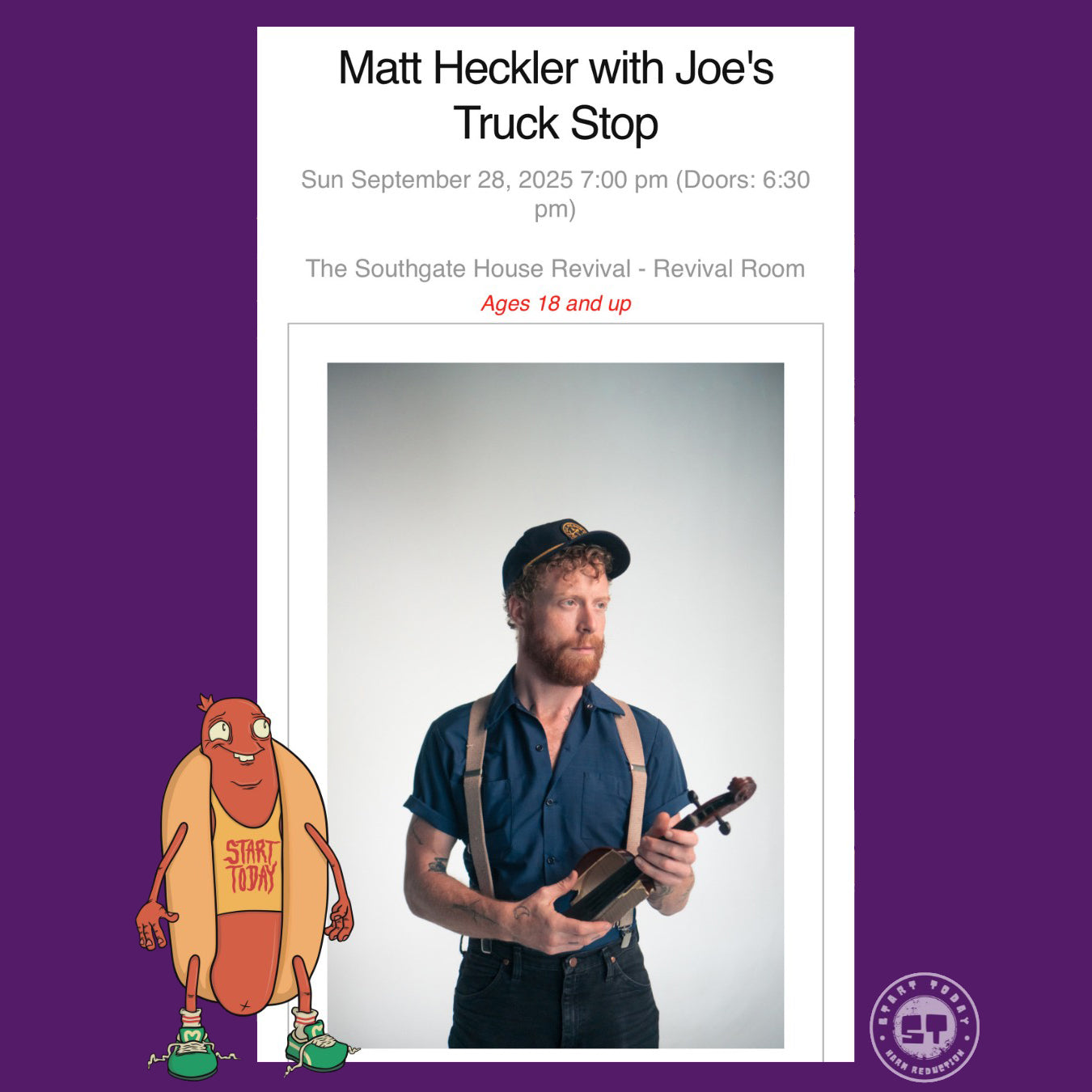 Promotional poster for Matt Heckler with Joe's Truck Stop event featuring a man holding a guitar and a cartoon character on a purple background.