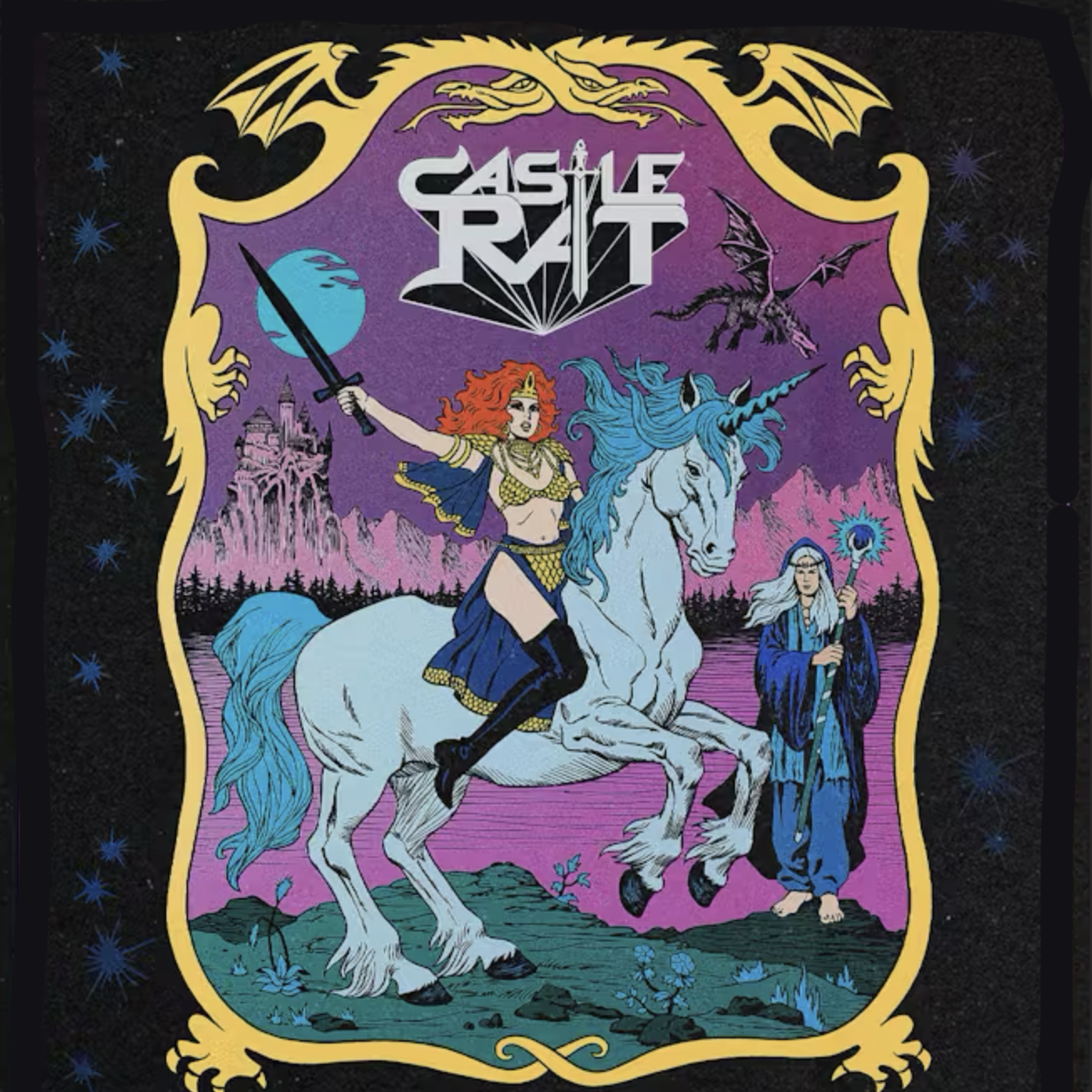 Album cover for 'Castle Rot' featuring a fantasy scene with a woman on a unicorn and a castle in the background.