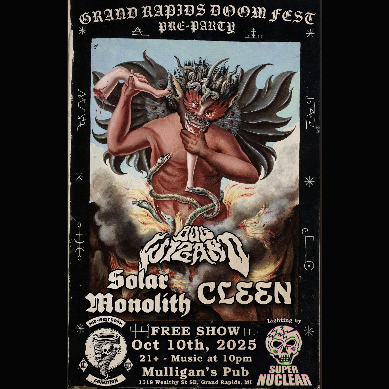 Promotional poster for Grand Rapids Doom Fest Pre-Party featuring a dragon-like creature and text about the event.