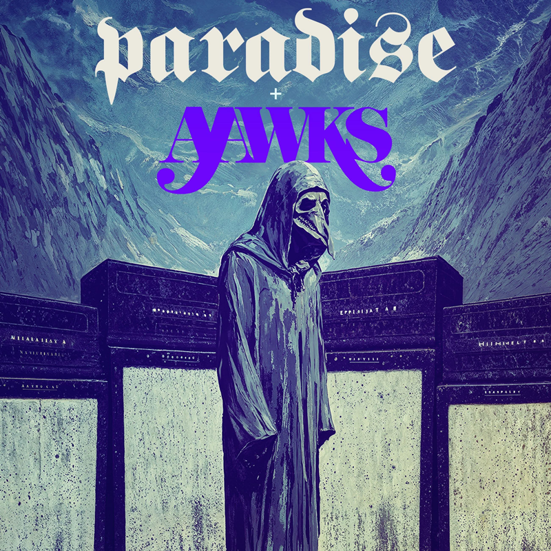 Album cover with a hooded figure and mountainous background, featuring the text 'paradise + yaws'.