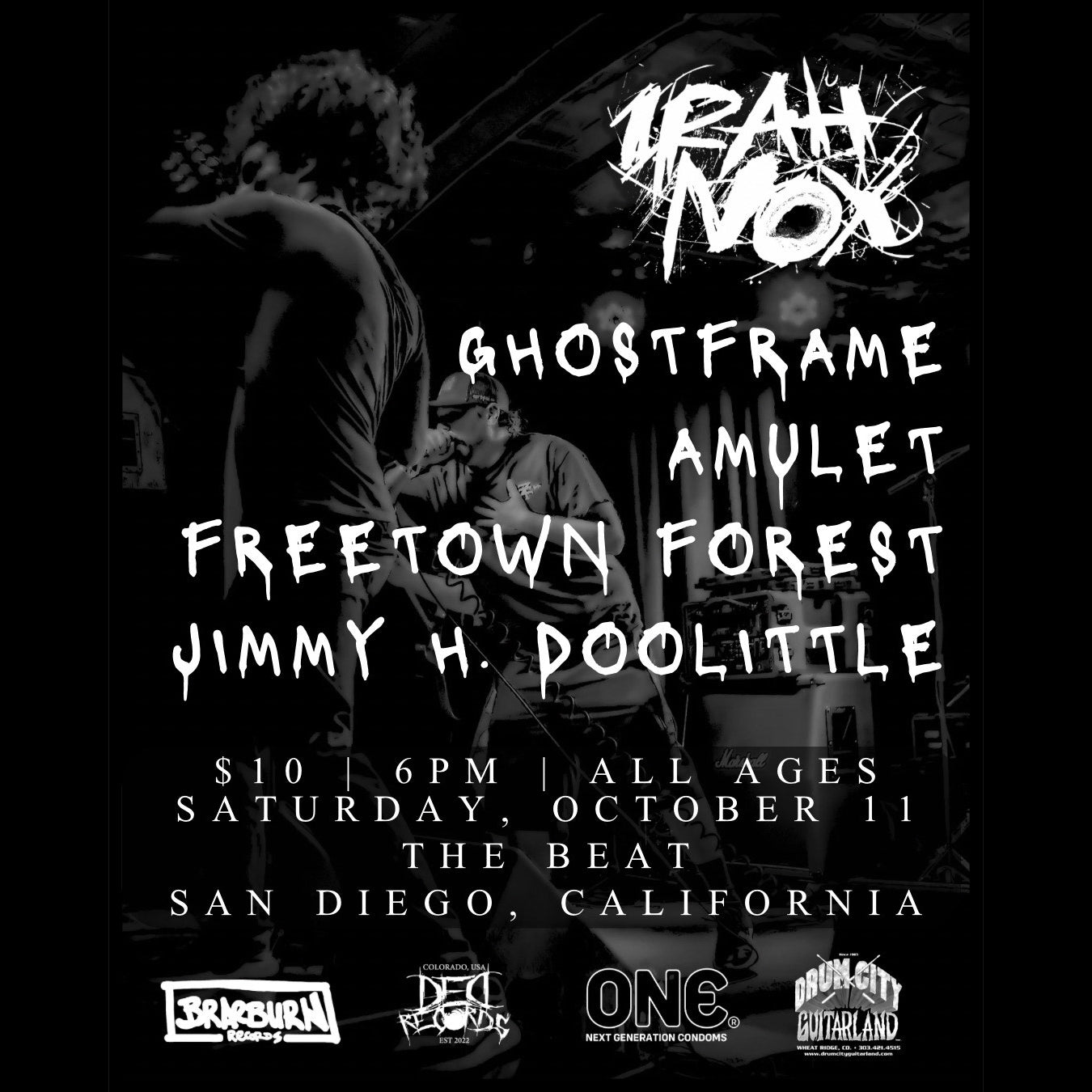 Black and white concert poster with band names and event details.