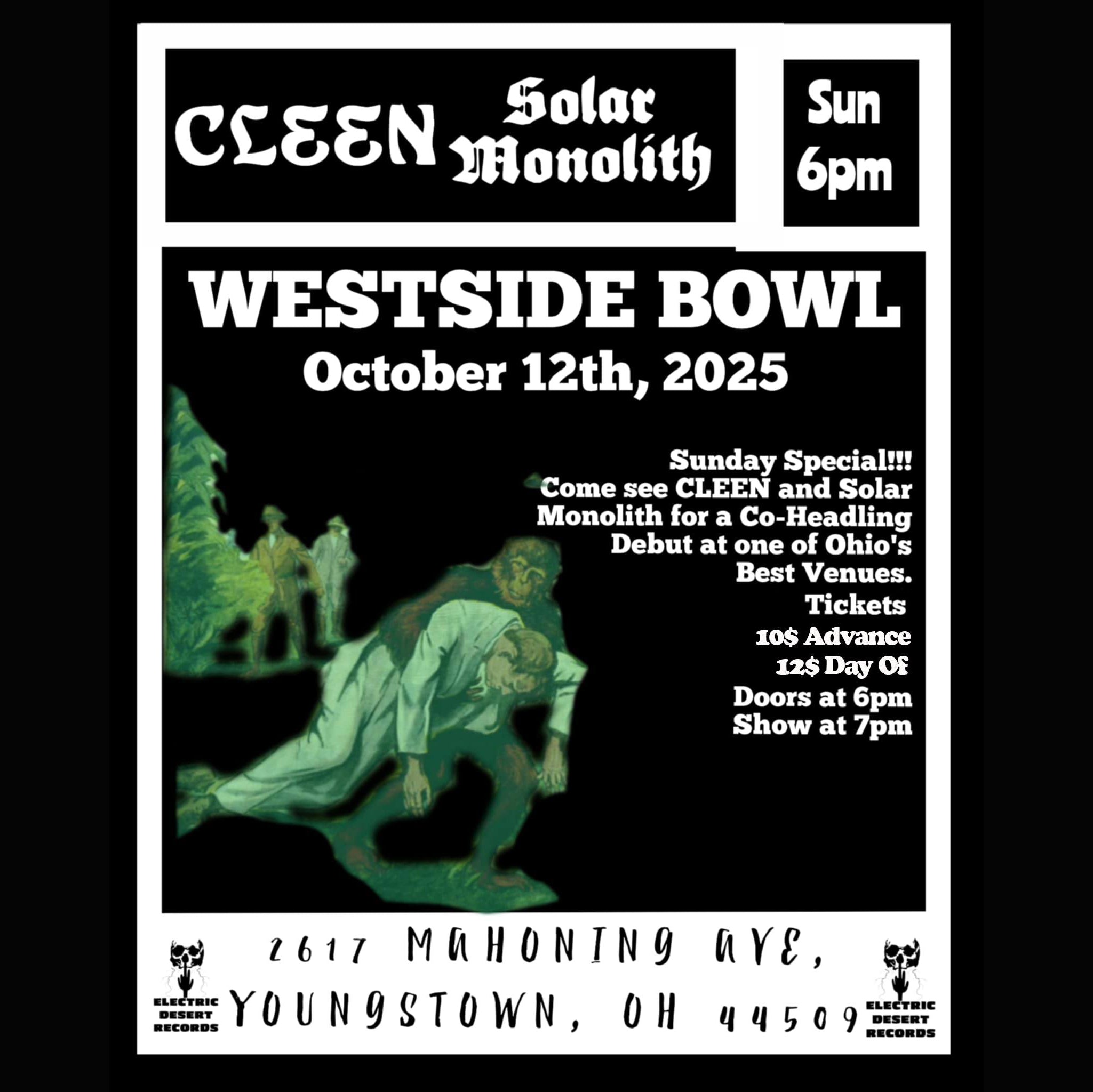 Promotional poster for CLEEN Solar Monolith at Westside Bowl on October 12th, 2025.
