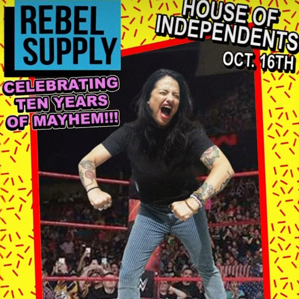 Promotional poster for Rebel Supply's 10th anniversary event featuring a person in a wrestling ring.