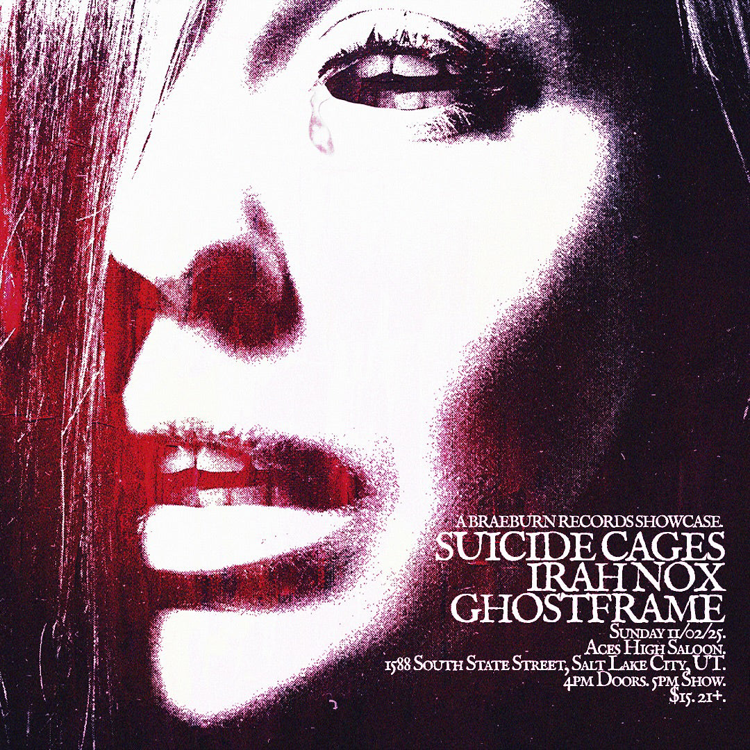 Promotional poster for a music event featuring 'Suicide Cages' and 'Irahnox' with a close-up of a woman's face.