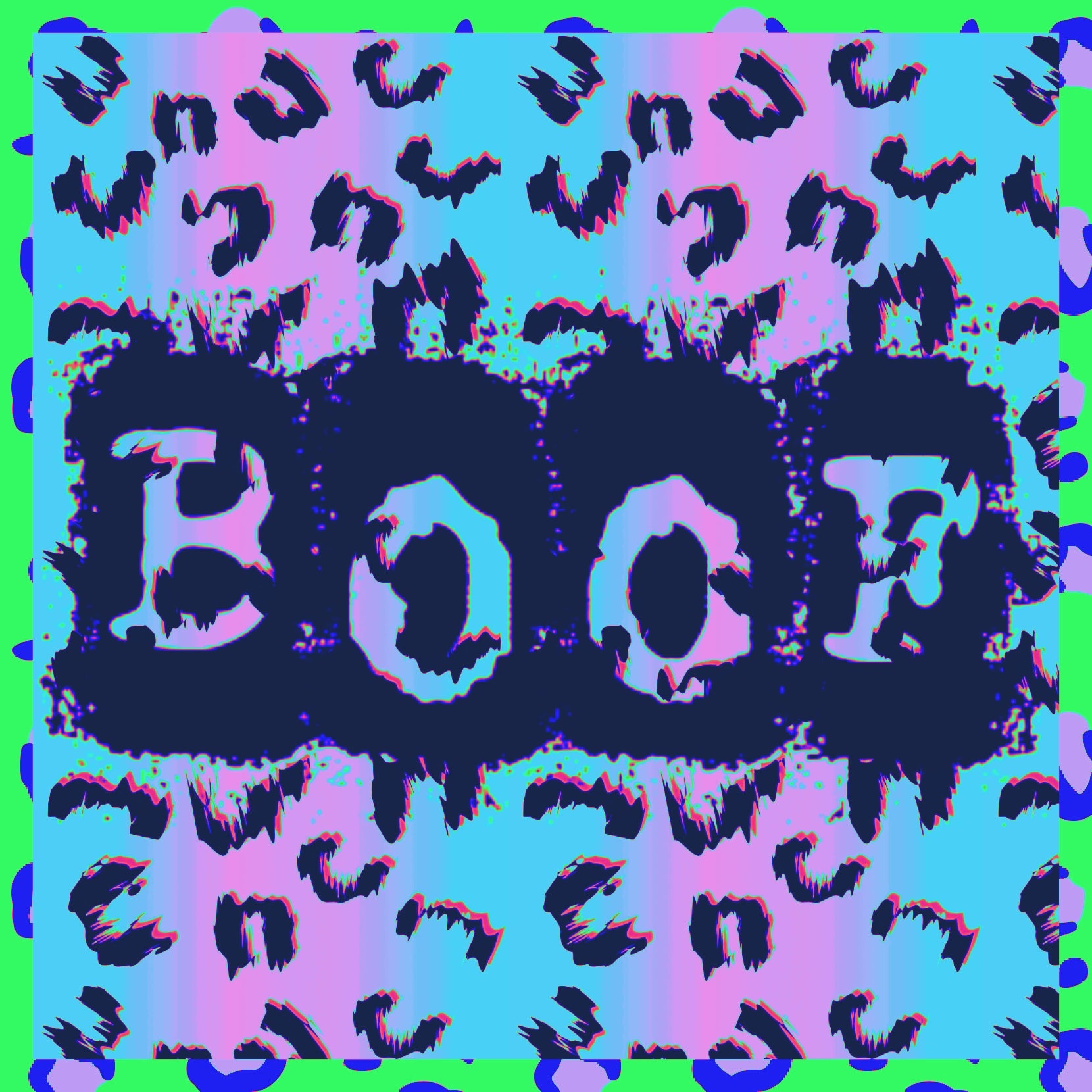 Colorful 'BOO' text with leopard print pattern on a green background