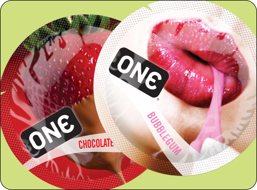 one condom wrappers strawberry bubblegum with yellow background