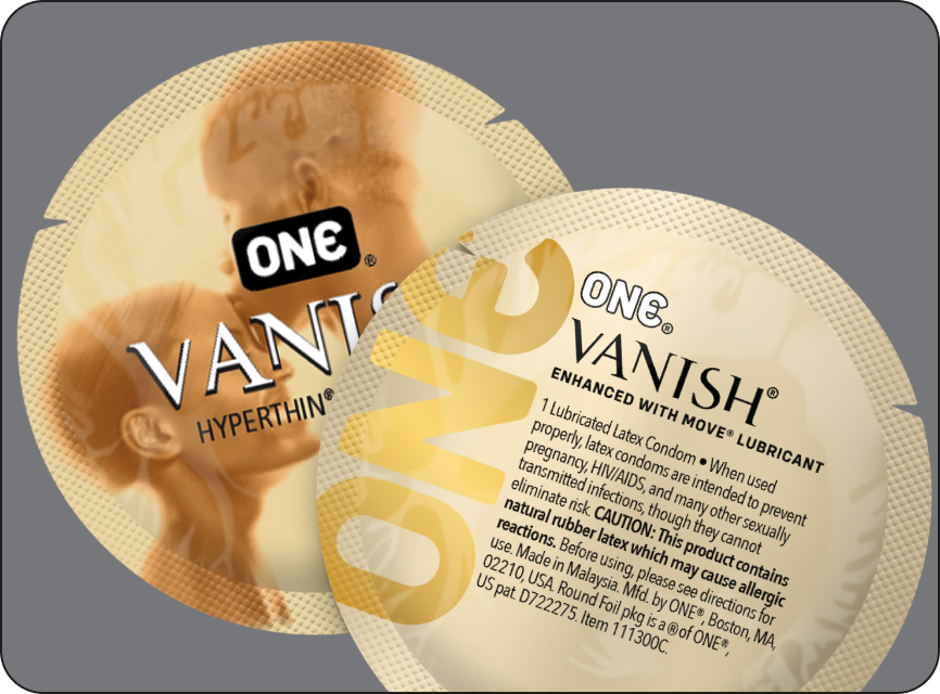one vanish hyperthin condom wrapper with yellow background
