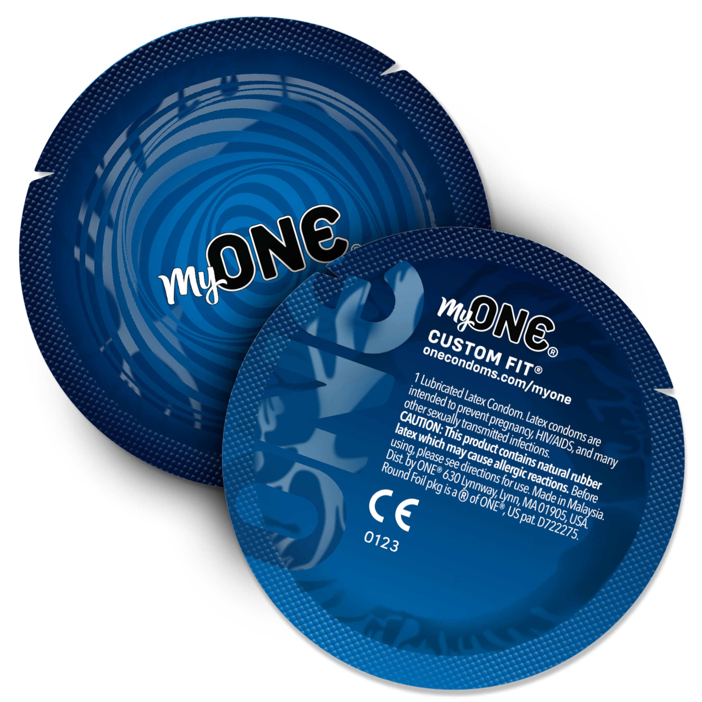 Two blue My ONE custom fit condoms on a white background