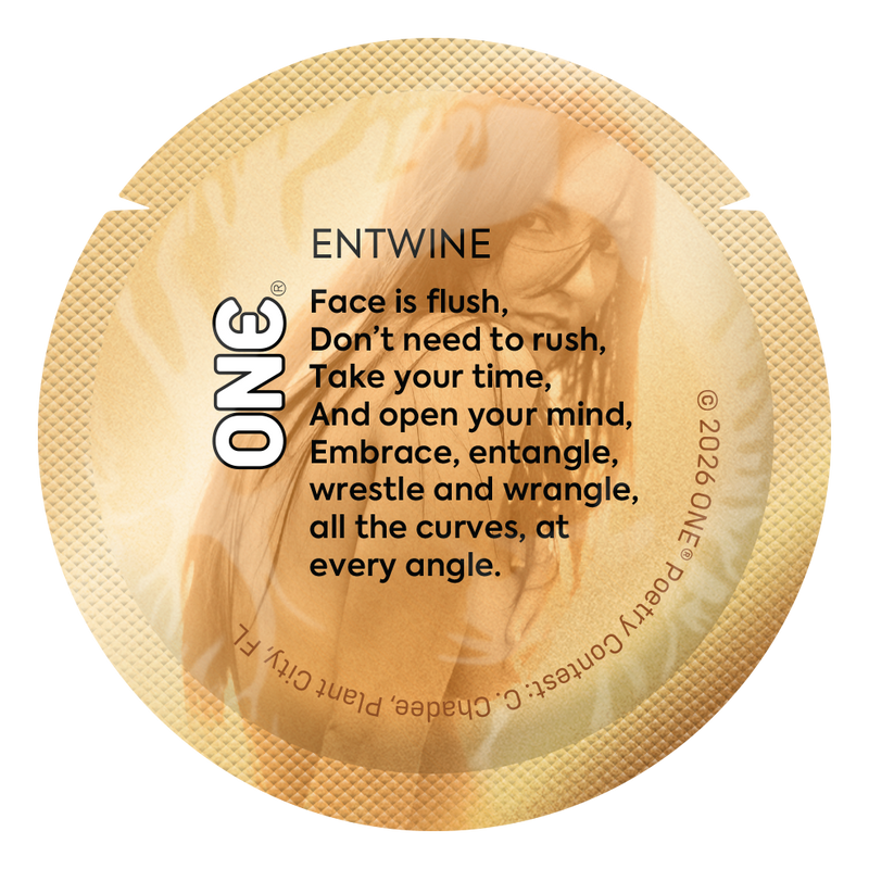 Gold condom wrapper with an energetic poem about bodies moving together, connection, and mutual exploration.