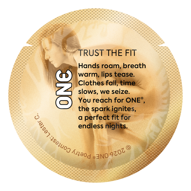 Gold condom wrapper featuring a poem about anticipation and confidence, emphasizing proper fit and connection.