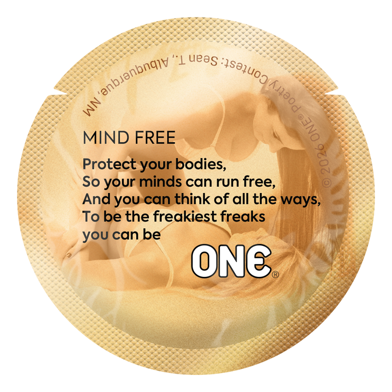 Gold condom wrapper with a poem about protection and mental freedom, celebrating safe intimacy and playful exploration.