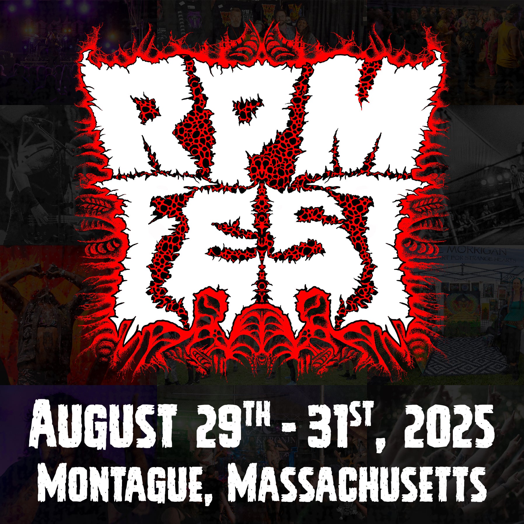 Red and white graphic with text for a music festival event in Montague, Massachusetts.