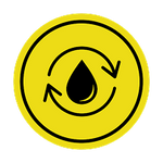 Yellow circular icon with a black drop and two curved arrows on a black background