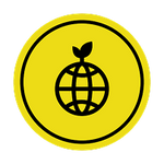 Yellow circle with a black globe and leaf icon on a black background