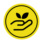 Yellow circular icon with a hand holding a leaf on a black background