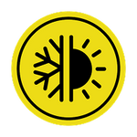 Circular logo with a black snowflake and sun design on a yellow background