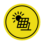 Yellow circle with a black solar panel icon on a black background