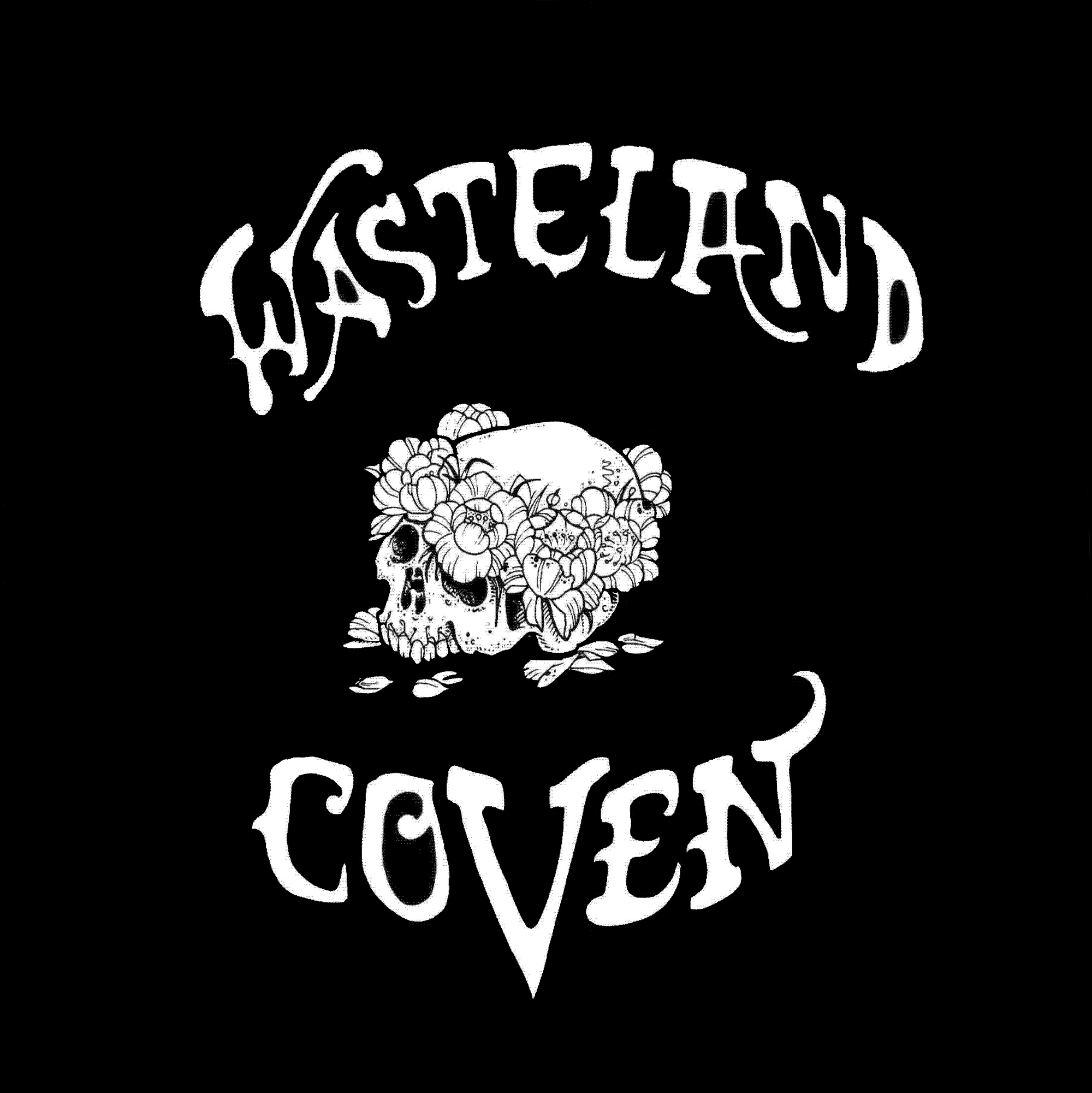 Logo with skull and floral design, text 'Wasteland Coven' on a black background