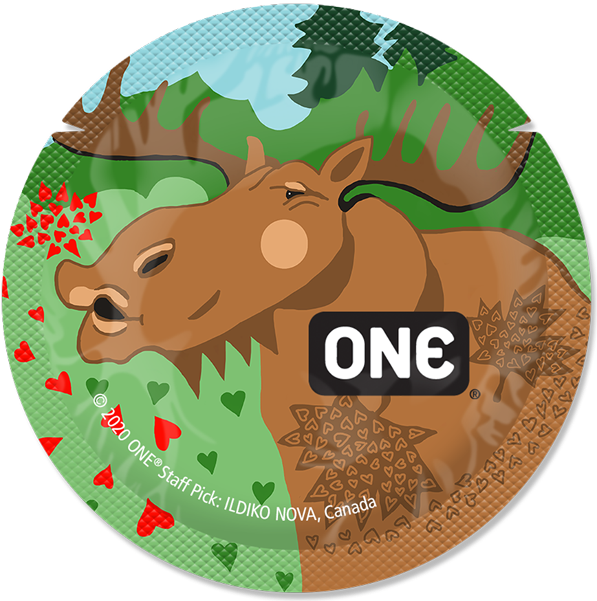Round product packaging with a moose illustration and 'ONE' branding on a green and brown background.