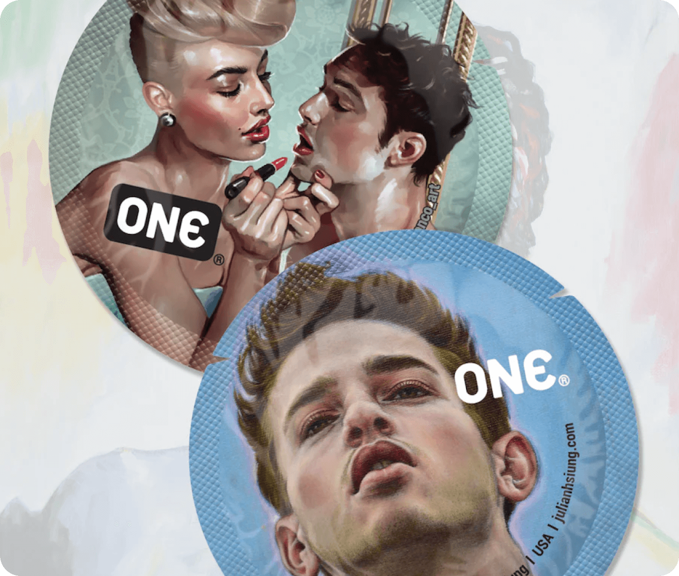 Condom packaging with artistic design and 'ONE' branding
