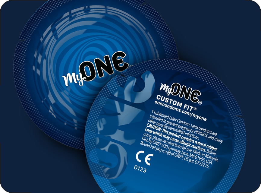 Two blue My ONE custom fit condoms on a dark blue background