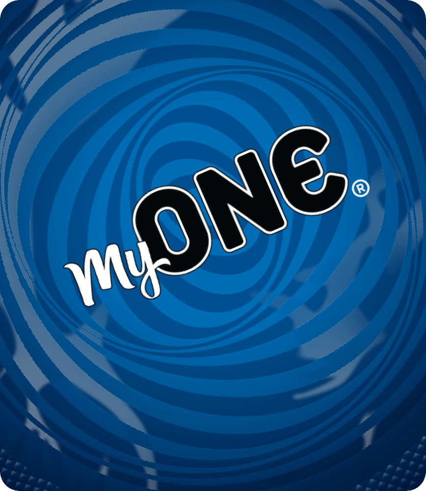 Blue swirl background with 'myONE' logo