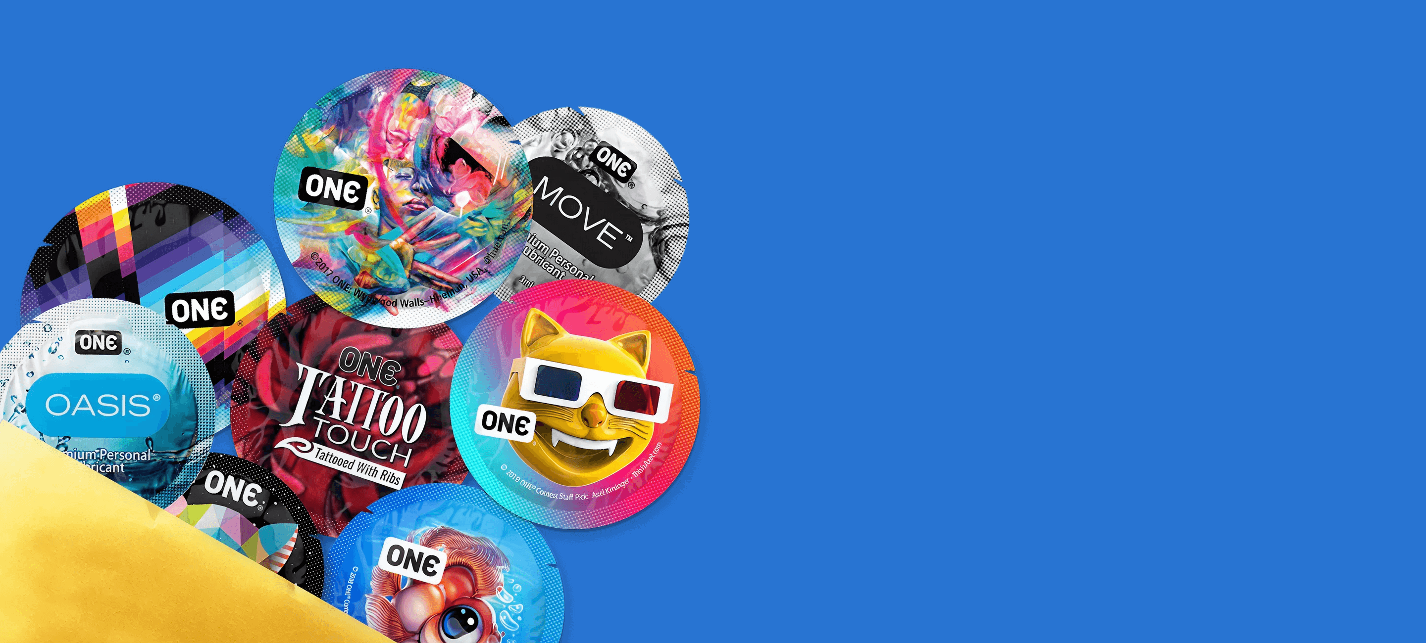 Collection of colorful buttons with various designs on a blue background