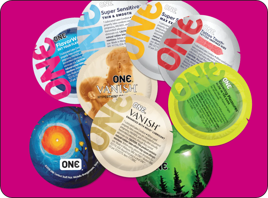 Collection of Vanish underwear packages on a pink background