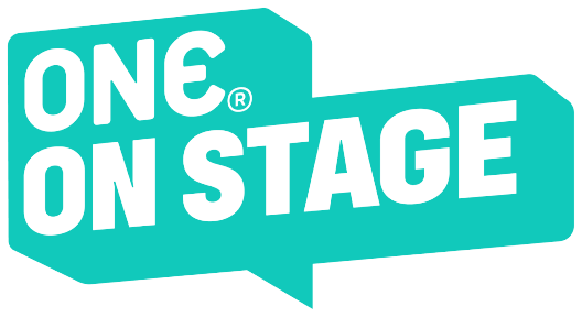 Teal and black logo with 'ONE ON STAGE' text on a white background