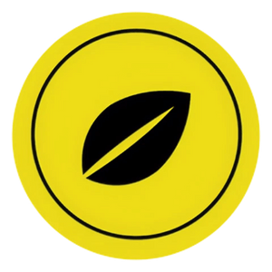 Yellow circle with a black leaf symbol on a white background
