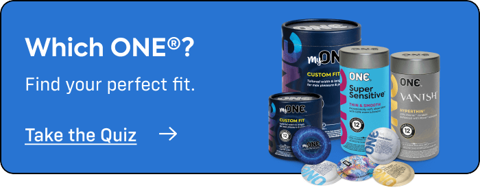 Promotional banner for 'Which ONE?' product quiz with various containers on a blue background